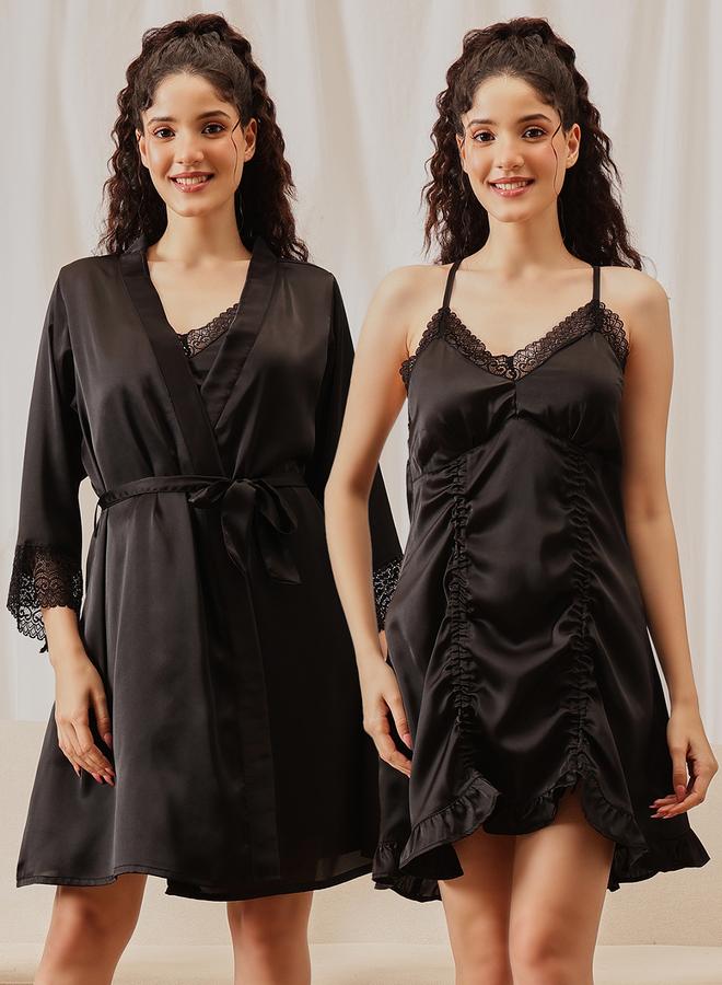 Clovia Women Black Padded Satin Nightdress with Robe Set - Image 1